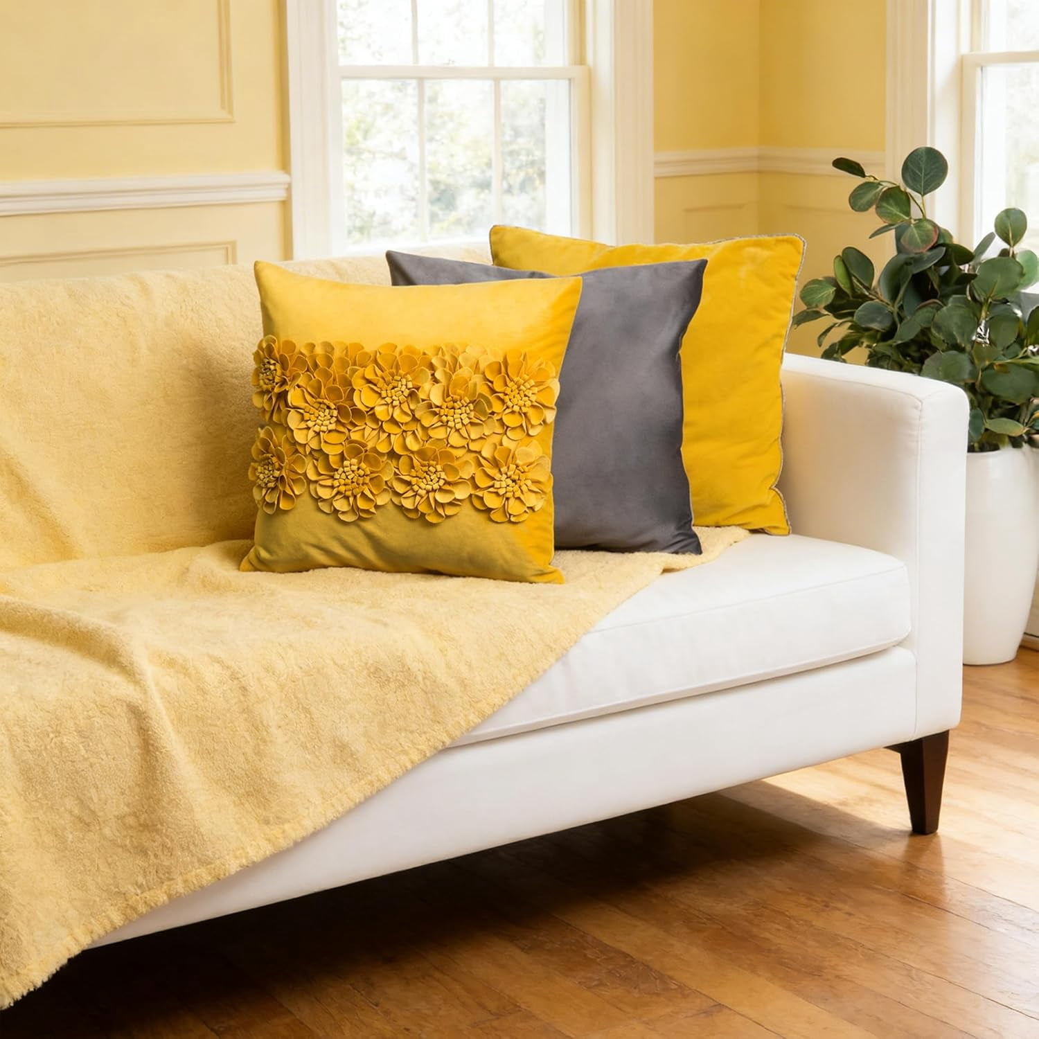 JWH 3D Handmade Square Soft and Smooth Decorative Velvet Flower Pillow Covers 18x18inch Yellow for Room Sofa Bedding Decor