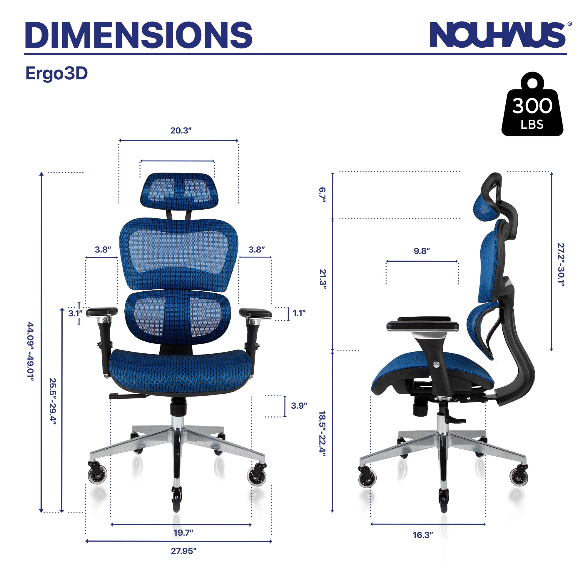 Nouhaus Ergo3D Ergonomic Office Chair Lumbar Support Mesh Office Chair with 4D Adjustable Armrest, Adjustable Headrest and Wheels, Mesh High Back Home Office Desk Chairs(Blue)