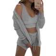 thumbnail image 3 of STARVNC Women Tie Waist Long Sleeve Crop Tank Fleece Cardigan Shorts 3 Piece Sets, 3 of 4