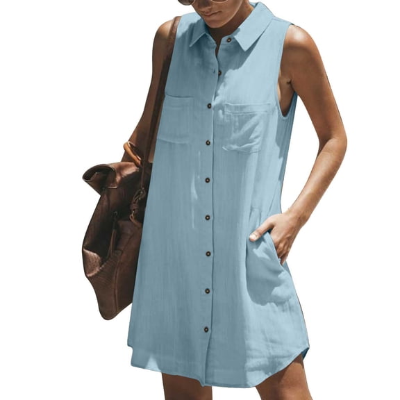 Kukoosong Women's Summer Casual Sleeveless Collared Button-Down Shirt Dress with Pockets Cocktail Length Office Wear Dress