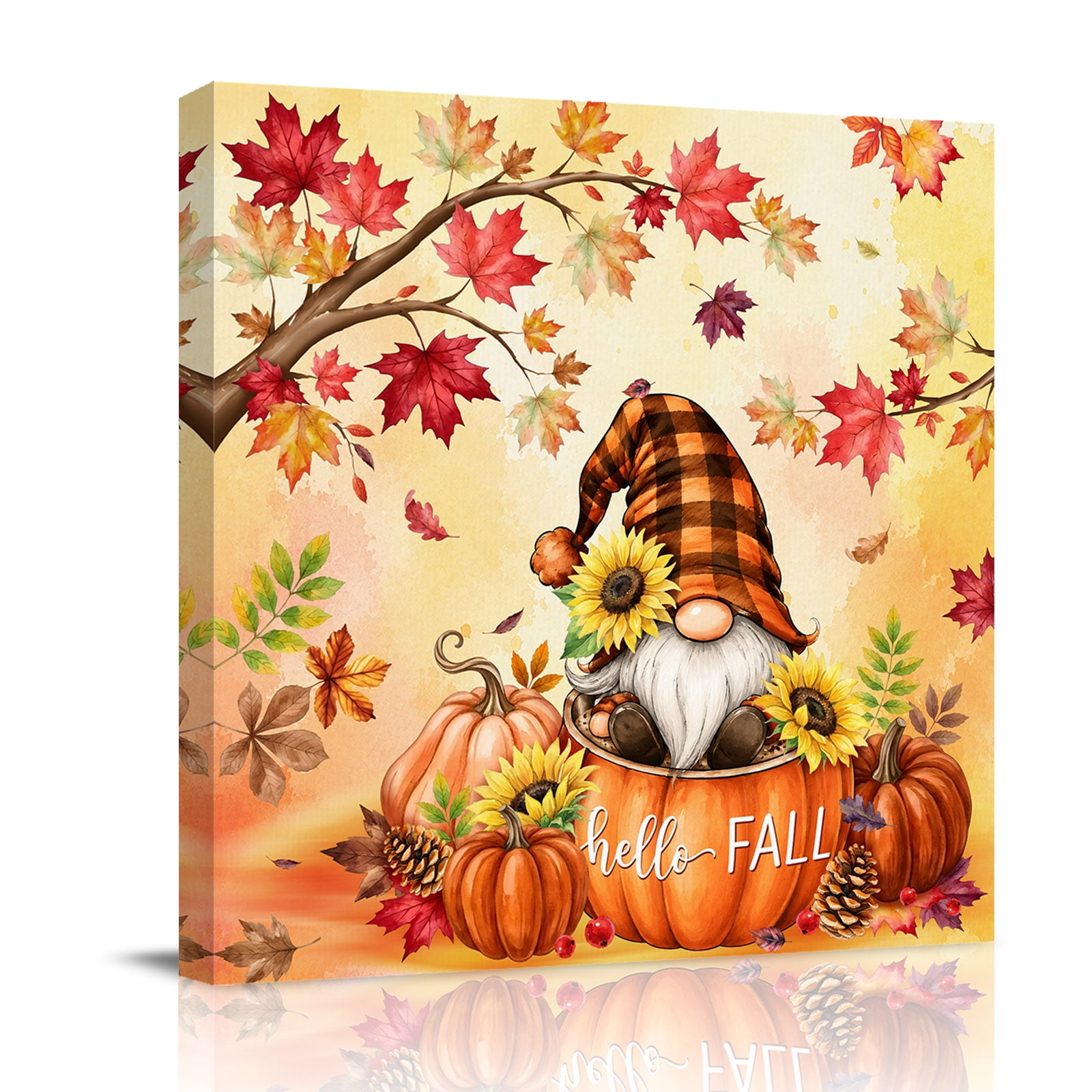 Canvas Wall Art Hello Fall Framed Canvas Prints for Living Room Bathroom Thanksgiving Pumpkins Gnomes Maple Orange Gallery Wrapped Wall Decor for Home Office Gifts 12 x12 Ship Next Day