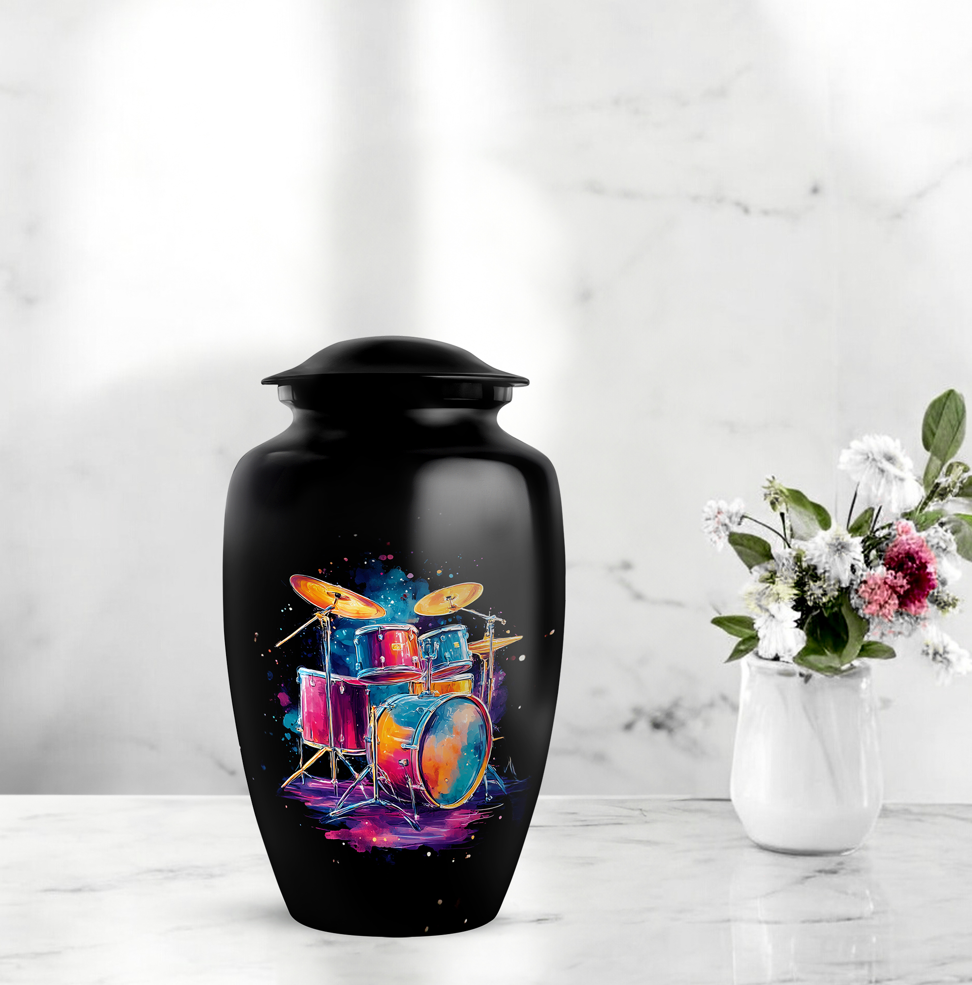 Neon Drummer Memorial Urns Set, Funeral Urn For Human Ashes Adult Female, Small Urn For Human Ash Keepsake, Musical Cremation Urns For Ashes Adult Male, (Size 10 Inch 1 Pcs & Size 3 Inch, 2 Pcs)