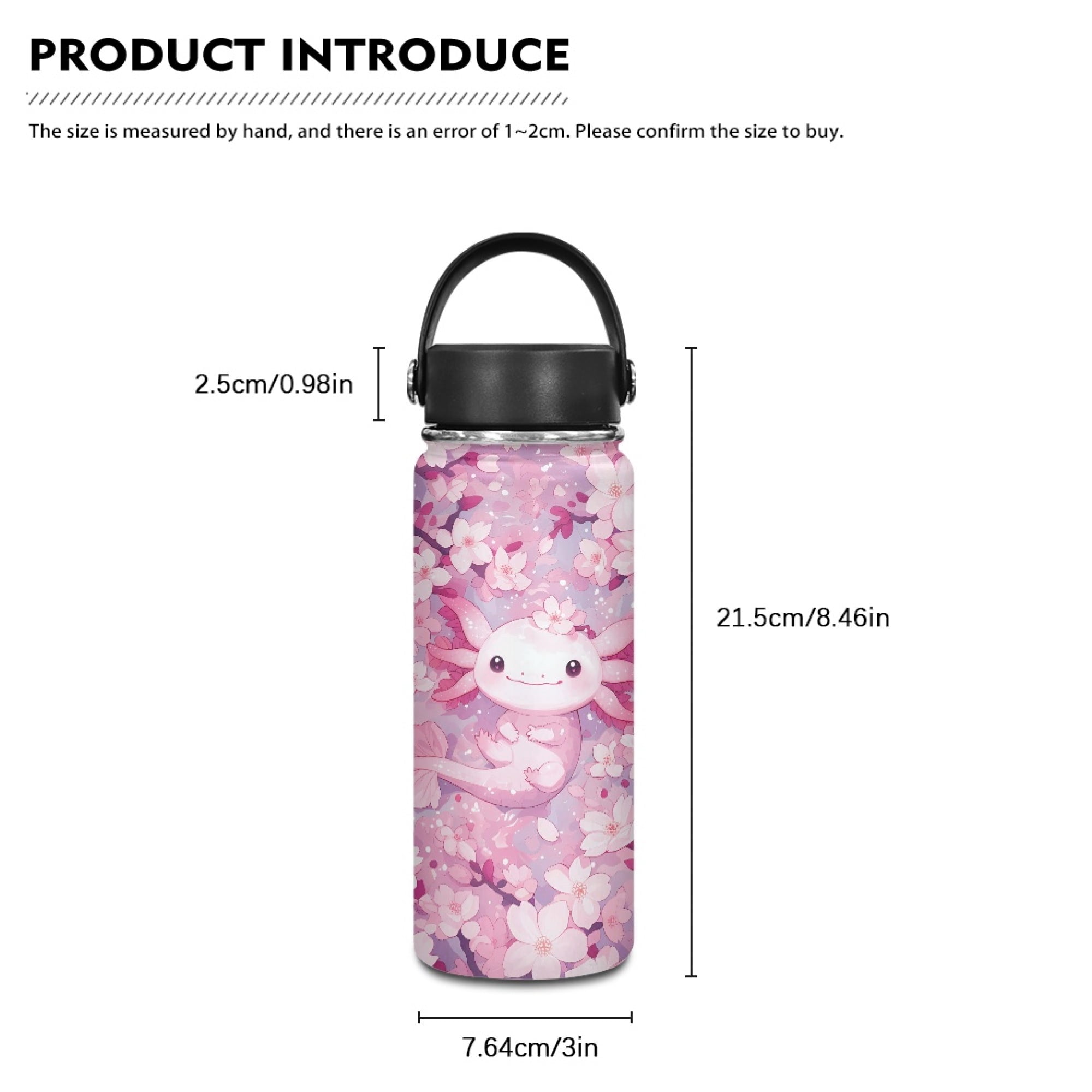 SEANATIVE Axolotl Water Bottles for Girls 18oz Cherry Blossom Leak Proof Double Walled Stainless Steel Gym Bottles for Men Women Insulated Water Bottle