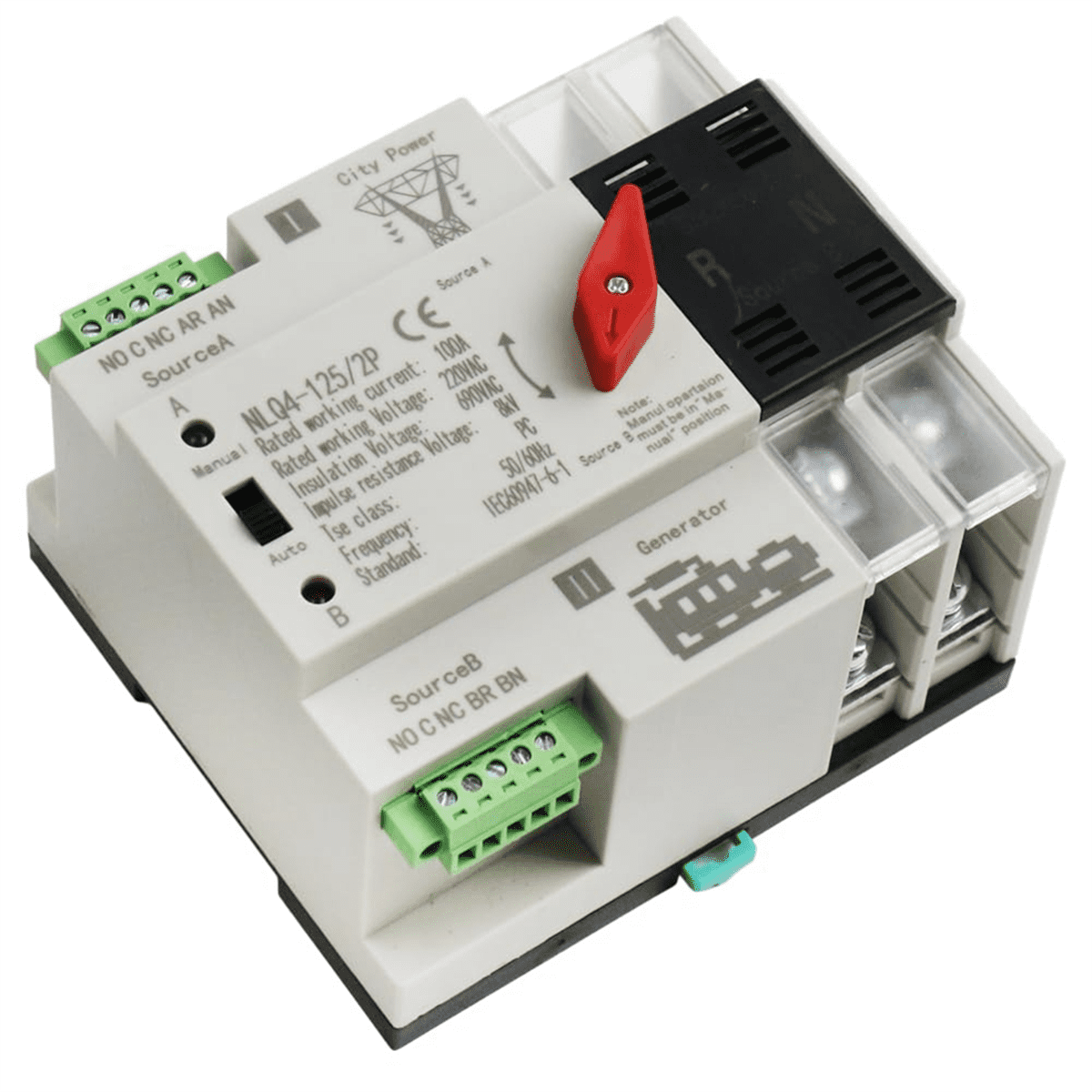 Automatic Transfer Switch 2P 100A Din Rail Mount Dual Power Switch for Generators Electrical Selection Switch NLQ4-2P