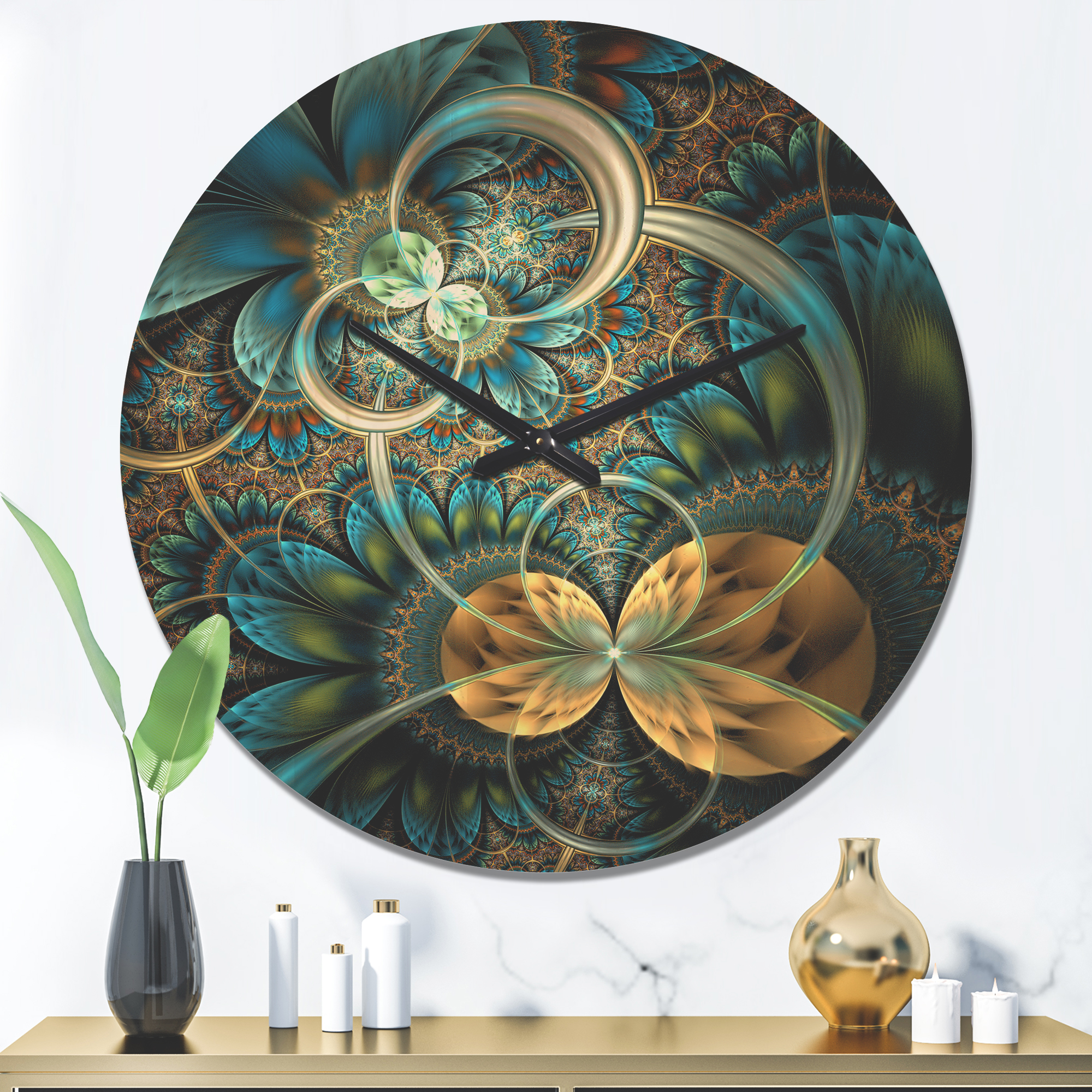 Designart 'Symmetrical Gold Blue Fractal Flower' Modern Wood Wall Clock
