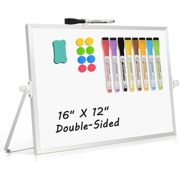 Dry Erase Magnetic White Board, 16" x 12" Double-Sided Desktop Whiteboard with Stand, Portable Small Whiteboard Set for Drawing, Office, Home