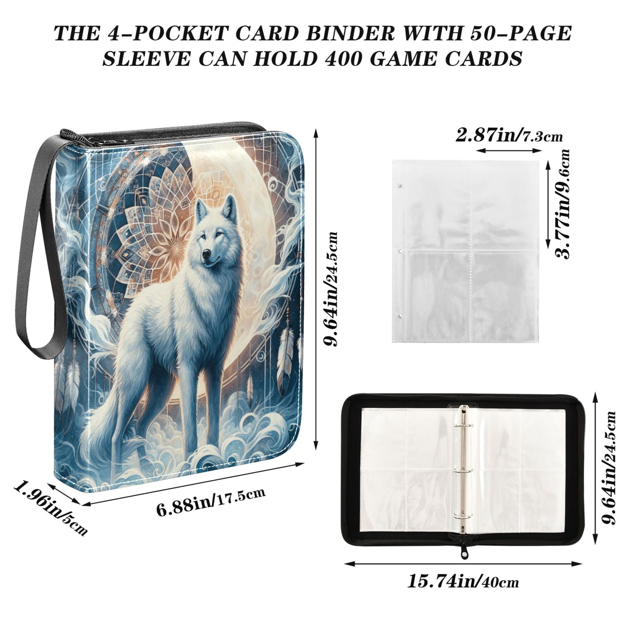 Trading Card Binder Album 400 Pockets 50 Removable 4-Pocket Pages Waterproof Wolf with Bright Moon