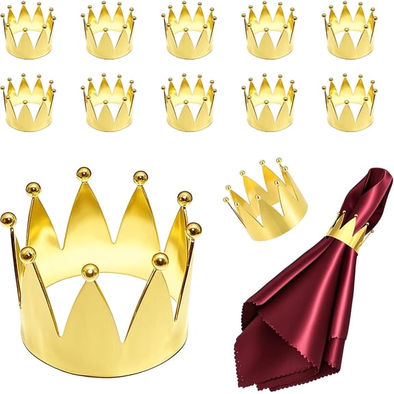 Crown Napkin Rings Set of 12 Western Royal Regal Wedding Napkin Holder Golden Metal Polished Round Napkin Buckles for Baby Shower Birthday Garden Party Family Reunion Restaurant Dinner Table
