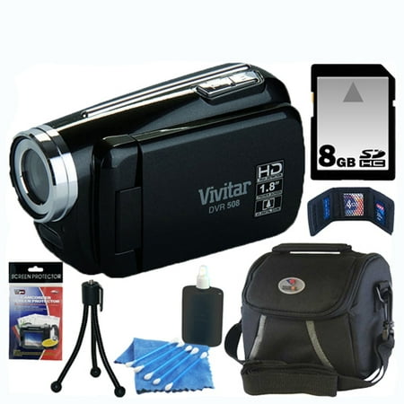 Vivitar DVR508 HD Digital Video Camcorder (Black) + 8GB Card + Carrying Case + Accessory Bundle