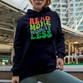 thumbnail image 2 of Read More, Worry Less, Book Reading Enthusiast Quote, Groovy Retro Wavy Text Merch Gift, Navy Blue Hooded Sweatshirt or Hoodie, Small, 2 of 5
