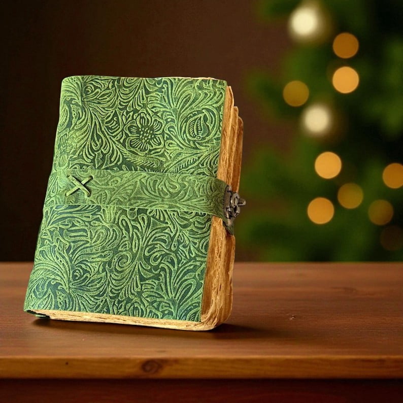 Handmade Green Leather Journal with Floral Embossing – 5x7 Inch Vintage Notebook, 200 Pages of Handmade Paper, Wrap Closure – Writing, Sketching & Gift Diary