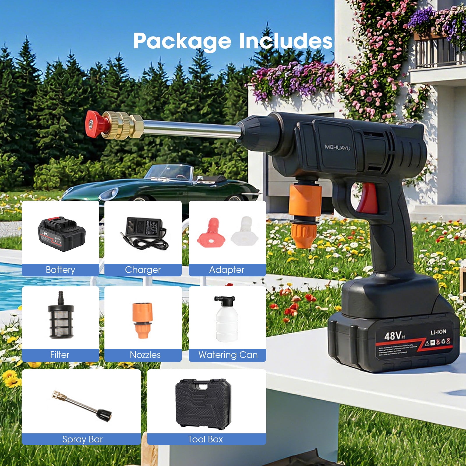 21V Cordless High Pressure Washer, Portable Power Cleaner 2 Nozzles 16.4FT Pipe, Black