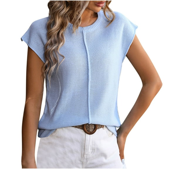 Womens Summer Tops qolati Casual Caps Sleeve Crew Neck Ribbed Knit T Shirts 2024 Fashion Loose Basic Pullover Tunic Blouse