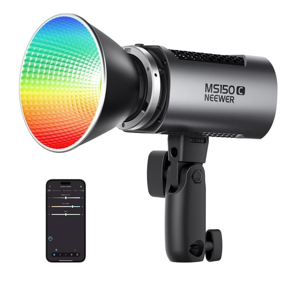 NEEWER MS150C RGBWW LED Video Light with 2.4G/APP Control, 150W Metal Mini RGB COB Continuous Output Lighting Bowens Mount Handheld Spotlight 2700K-6500K, 1800
