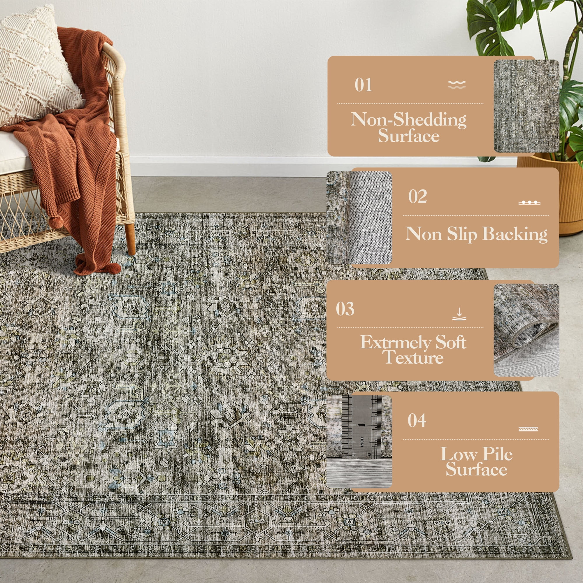 FairOnly 5'x7'Green Machine Washable Area Rugs for Living Room Vintage Stain-Resistant Rugs for Kitchen Dining Room Ultra-Thin Rugs