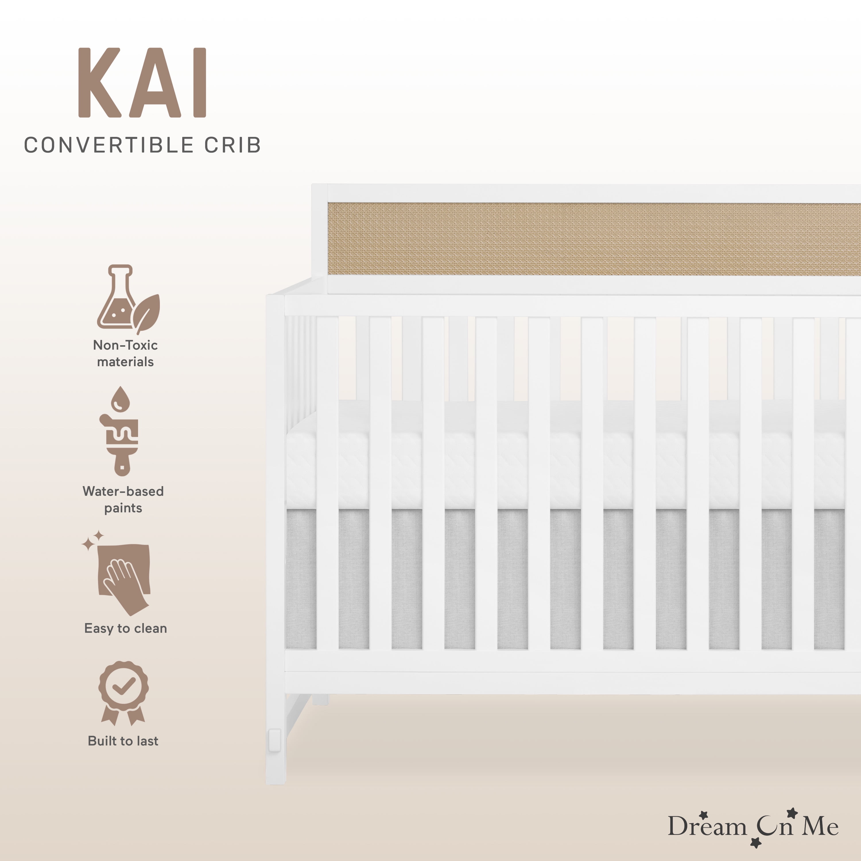 Dream On Me Kai Convertible Crib, White + Natural