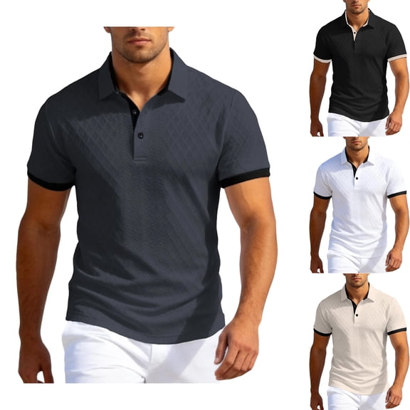 Hearthz Textured Knit Men’s Polo Shirts Button Men's Short-Sleeve Shirt Collared Casual Work T Shirts Black XXXL