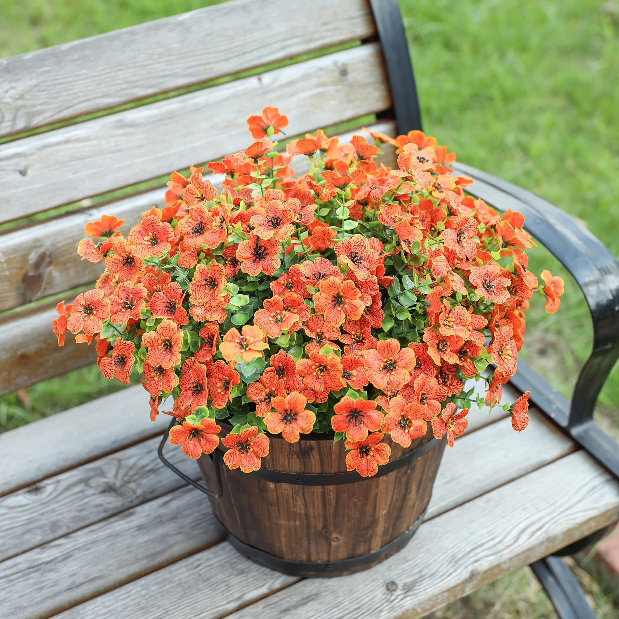 TETOU 16Pcs Artificial Plants Flowers, 13.8*7.5" Fake Silk Colorful Daisy Eucalyptus, UV Resistant Fake Flowers with Plastic Plants for Outside Home Porch Patio Window Yard Decor, Orange Green