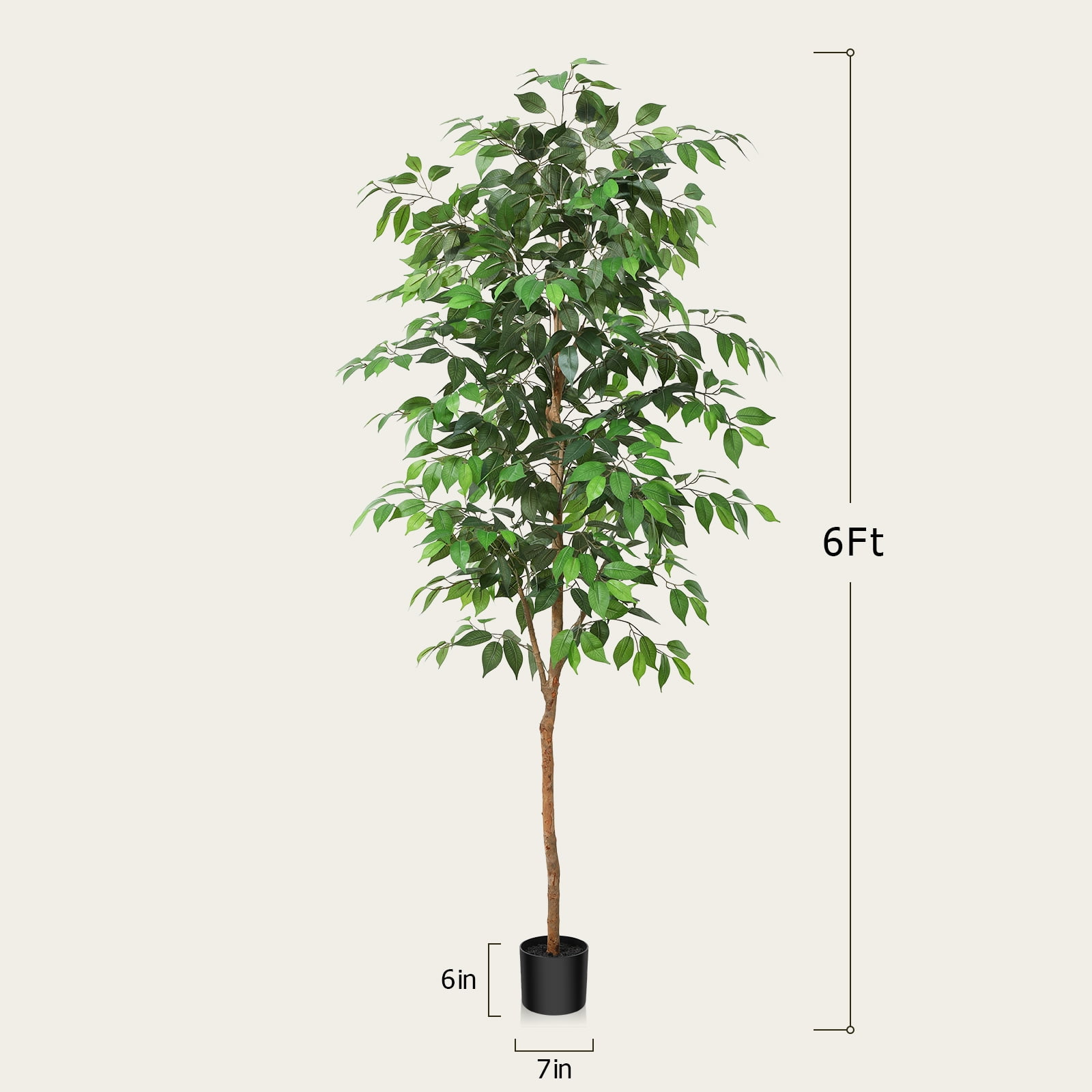 6FT Artificial Ficus Tree with Natural Wood Trunk and Lifelike Leaves, Silk Fake Potted Tree with Wood Branches, Faux Tree for Office Home Decor