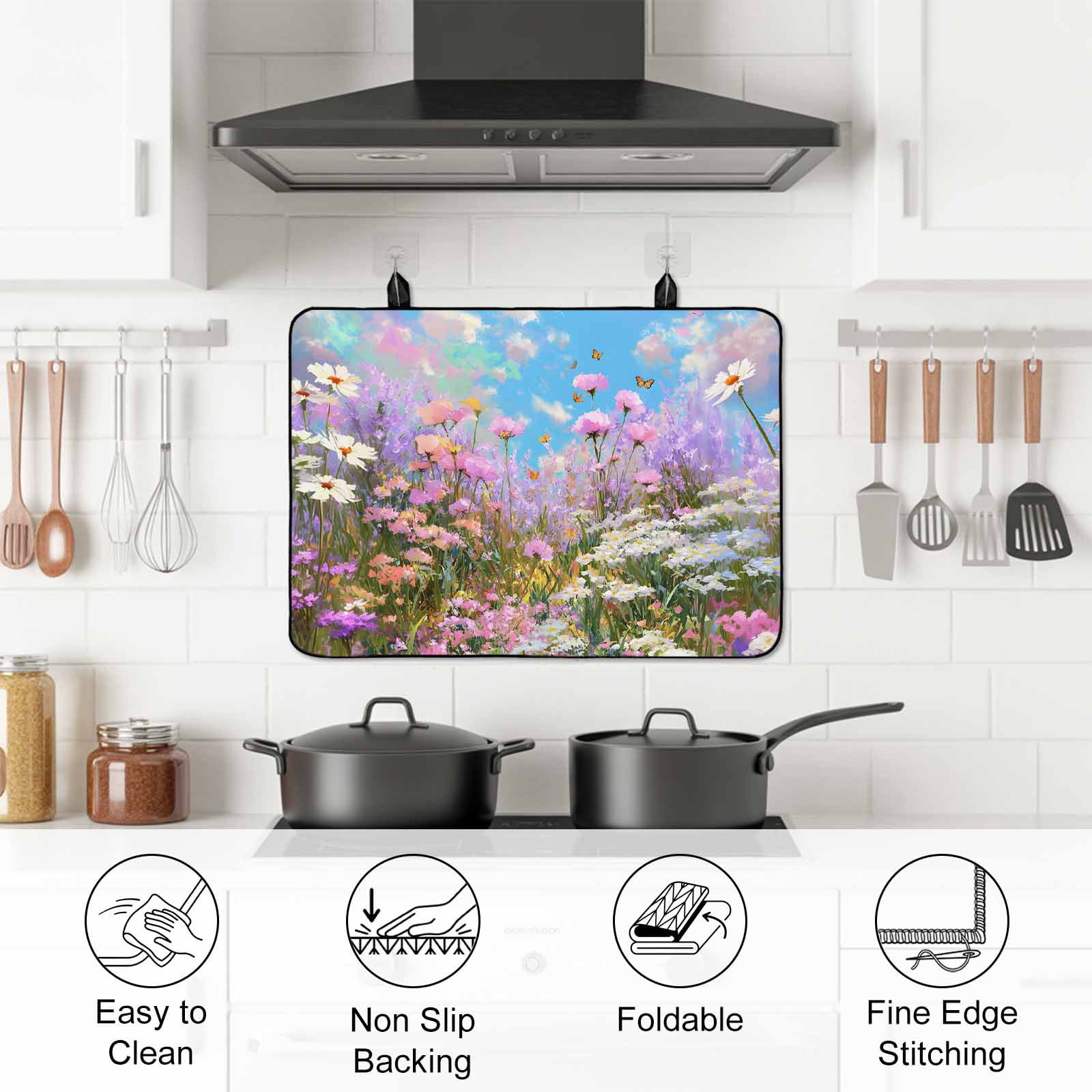 Wildflowers Stove Top Cover for Electric Stove, Heat-proof & Non Slip Glass Top Stove Cover Protector, Spring Country Oil Painting Floral Plant Kitchen Flat Cooktop Rubber Mat 28.5x20.5 Inches