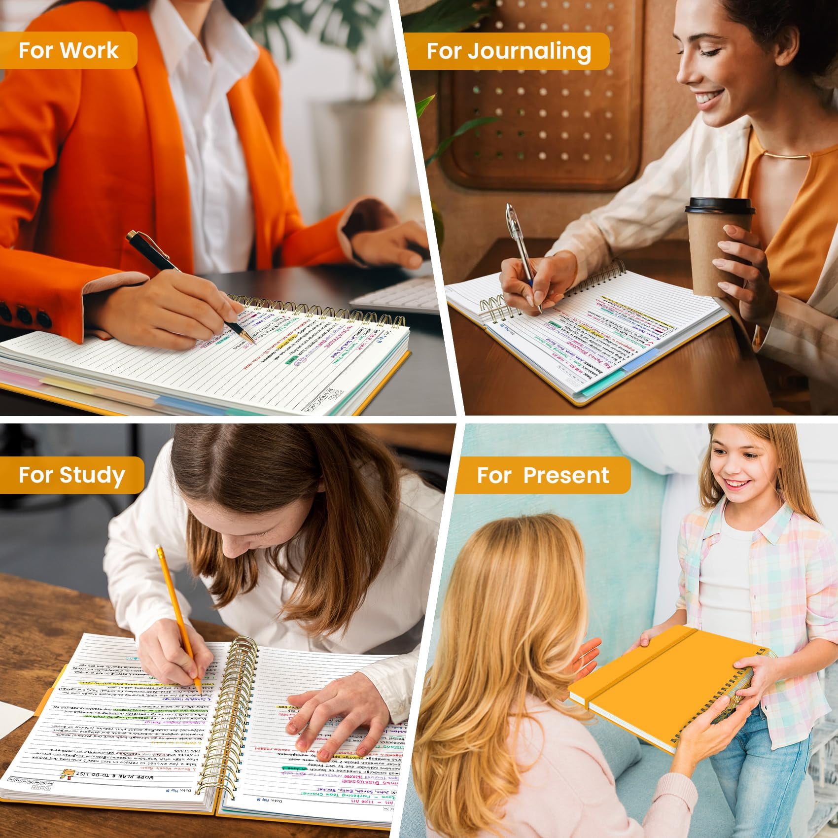 Hardcover Spiral Journal Notebooks For Work With Removable Dividers & Tabs  8.5"x11" 5 Subject Notebook Note Taking Organizer A4 College Ruled Lined Women Writing Yellow 280 Pages