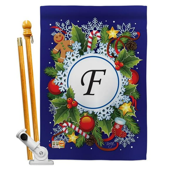 Breeze Decor BD-WT-HS-130084-IP-BO-D-US12-BD 28 x 40 in. Winter F Initial Wonderland Impressions Decorative Vertical Double Sided House Flag Set with Pole Bracket Hardware