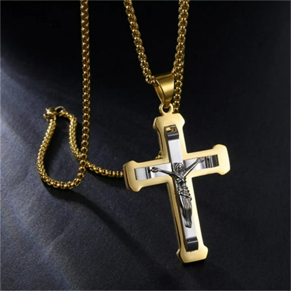 14K Yellow Gold Necklace For Men Jesus Cross Fashion Pendant European And American Jewelry On The Neck