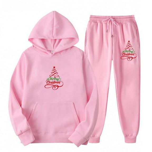 Women's 2 Piece Sweatsuit Christmas Print Casual Oversized Outfits Loose Long Sleeve Hooded Sweatshirt and Pants with Pockets, Pink, M