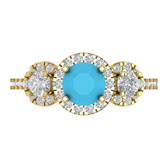 1.46 ct Round Cut Simulated Turquoise Three-Stone Engagement Ring for Women in 14K Yellow Gold