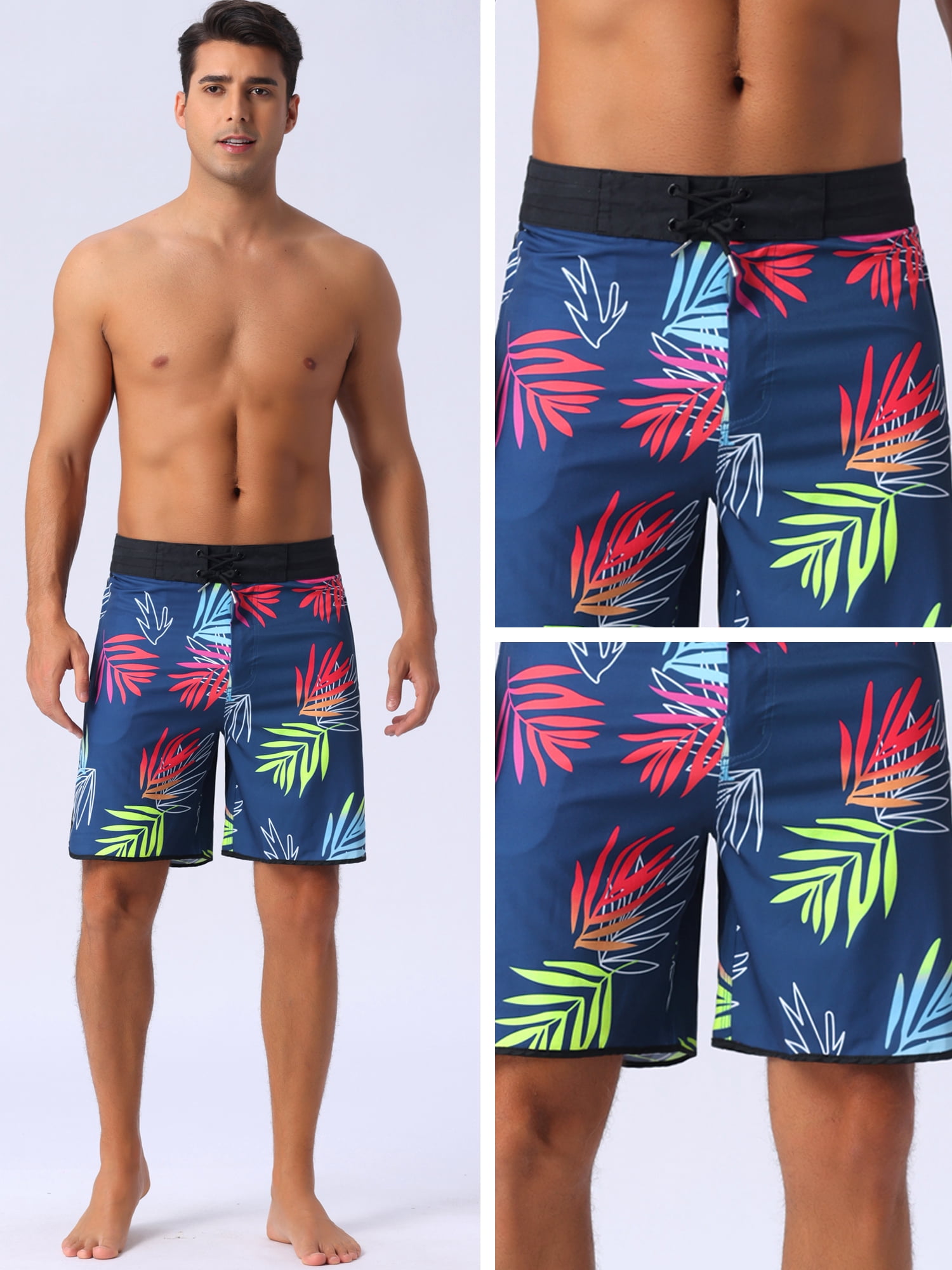 DARING DIVA Men's Elastic Waist Drawstring Hawaiian Print Athletic Swim Trunks 34 Dark Blue