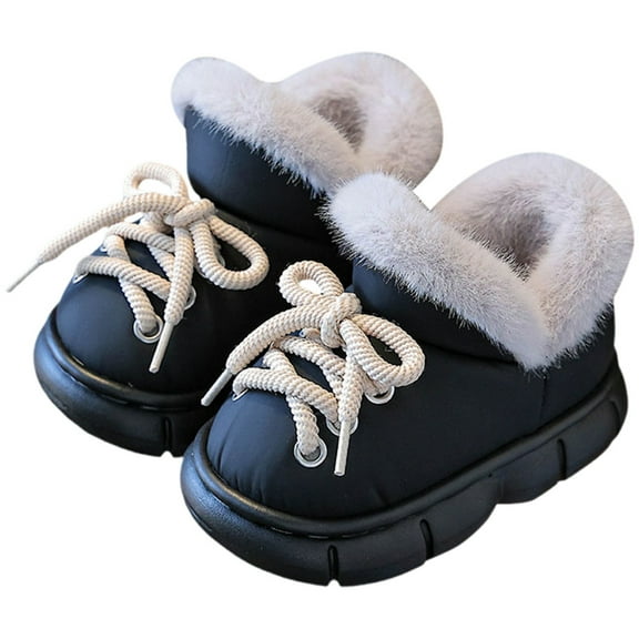 Kids Snow Boots Fashion Strappy Slip on Plush Lined Winter Ankle Booties Comfy Chunky Soft Sole Outdoor Warm Walking Shoes Black 10 Little Kid