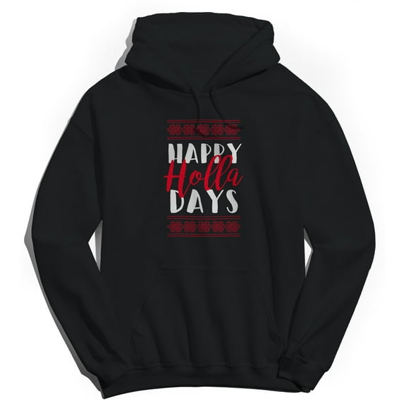 Christmas Holiday Happy Holla Days Script Graphic Black Men's Cotton Pullover Hoodie