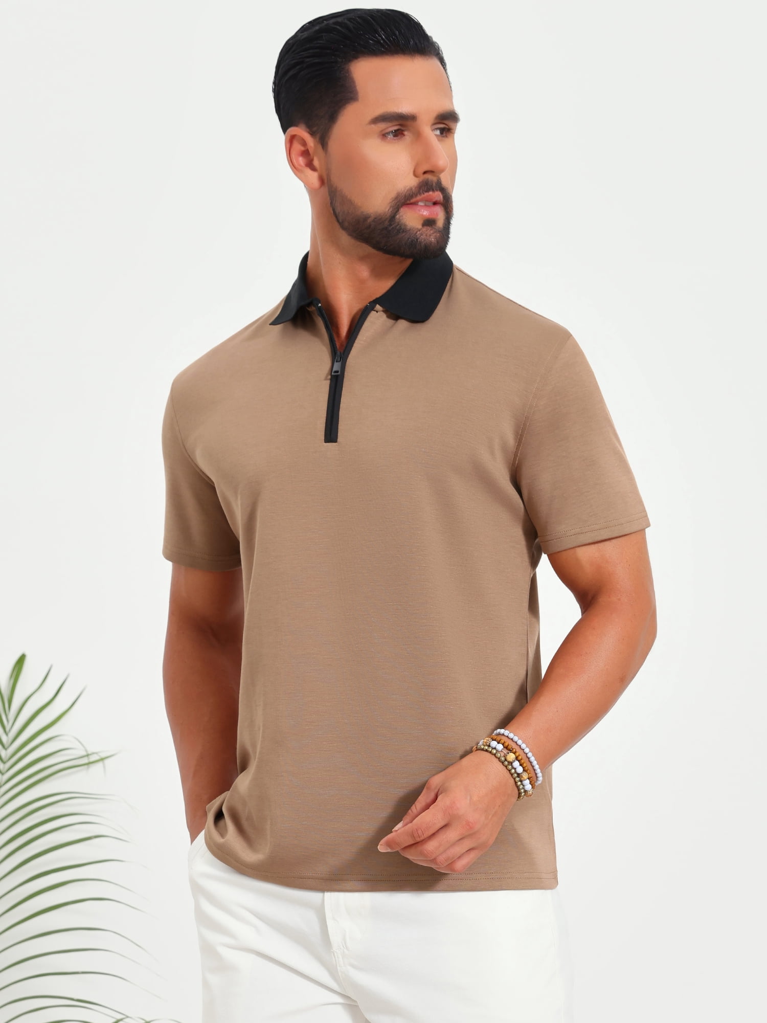 DARING DIVA Men's Zipper Closure Colorblock Short Sleeve Basic Polo Shirt 2XL Khaki