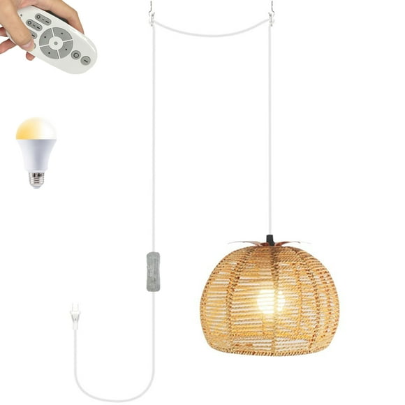 FSLiving Remote Control Dimmable Hanging Swag Pendant Light with Pineapple-Shape Hollow Rattan Shade Farmhouse Chandelier with 15ft Plug-in Cord for Loft Bar Garden corridor - 1 Light