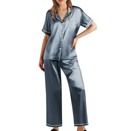 Mashaouyo Summer Savings Clearance Women Nightwear Satin Short Underwear Nightgown Women s Lingerie Robe Trousers Silk Loose Sleeved Suit Pajamas Nightgowns for Women