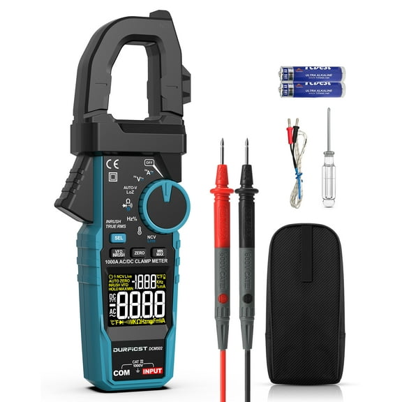 Clamp Meter DURFICST Digital Inrush Clamp Multimeter AC/DC 1000A 6000 Counts Amp Voltage Tester with VFD, LOZ Mode,Measures AC/DC Current Voltage NCV Temperature Resistance Capacitance Frequency
