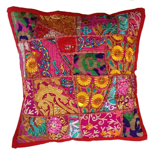 Rastogi Handicrafts Handmade Patchwork Cushion Pillow, Sari Patch Throw Pillow Indian Ethnic Pillow Covers Embroidered Sari Patchwork Cushion Cover (Maroon)
