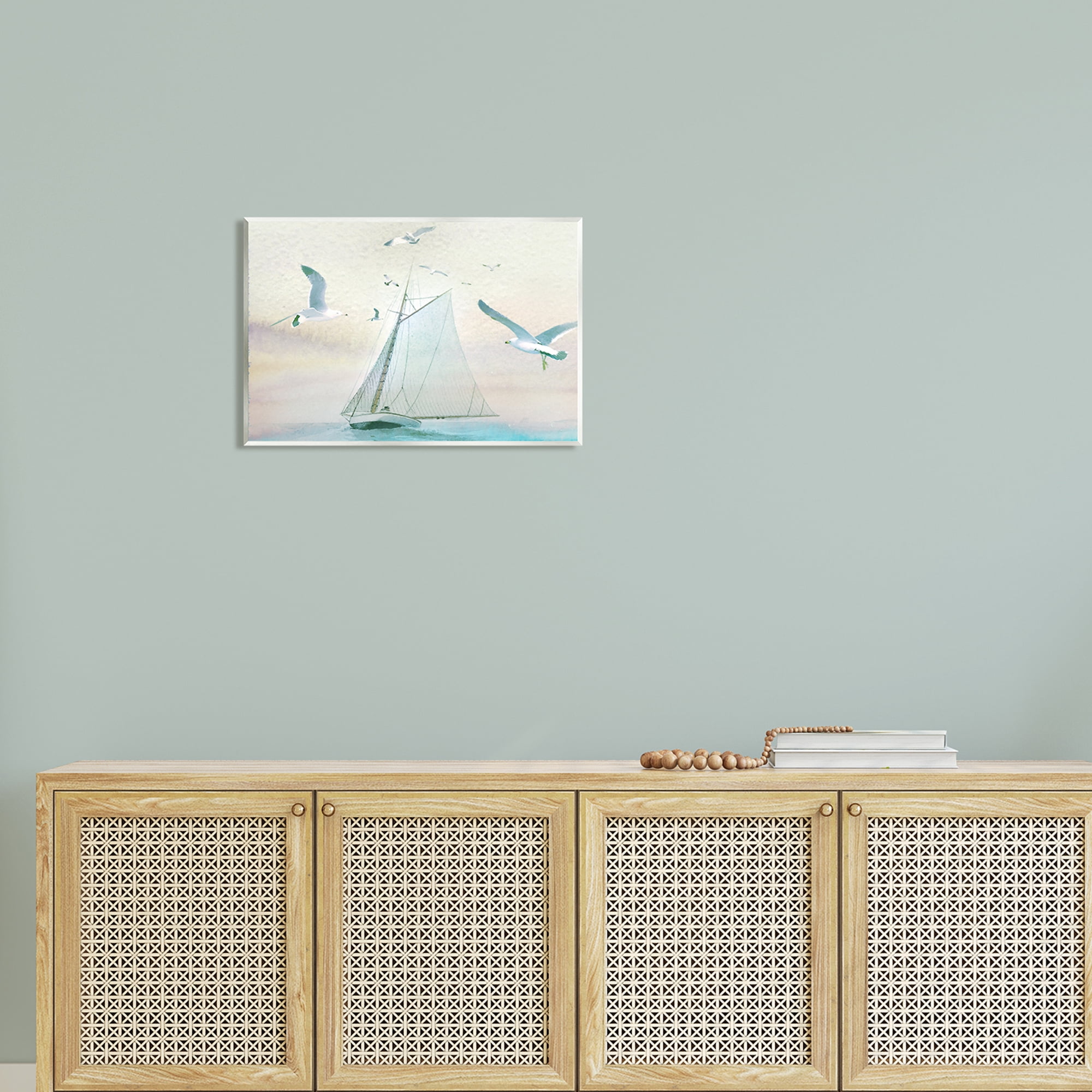 Stupell Seagulls Flying Ocean Sailboat Landscape Painting Wall Plaque Unframed Art Print Wall Art