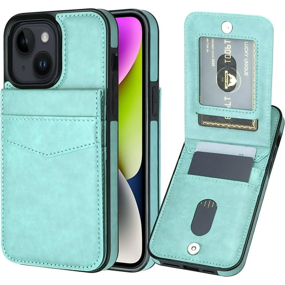 For iPhone 14 Plus Case Wallet with Card Holder Functional Two Way Kickstand Durable Shockproof RFID Blocking Leather Slim Protective Credit Card Slots Case for iPhone 14 Plus(Mint)