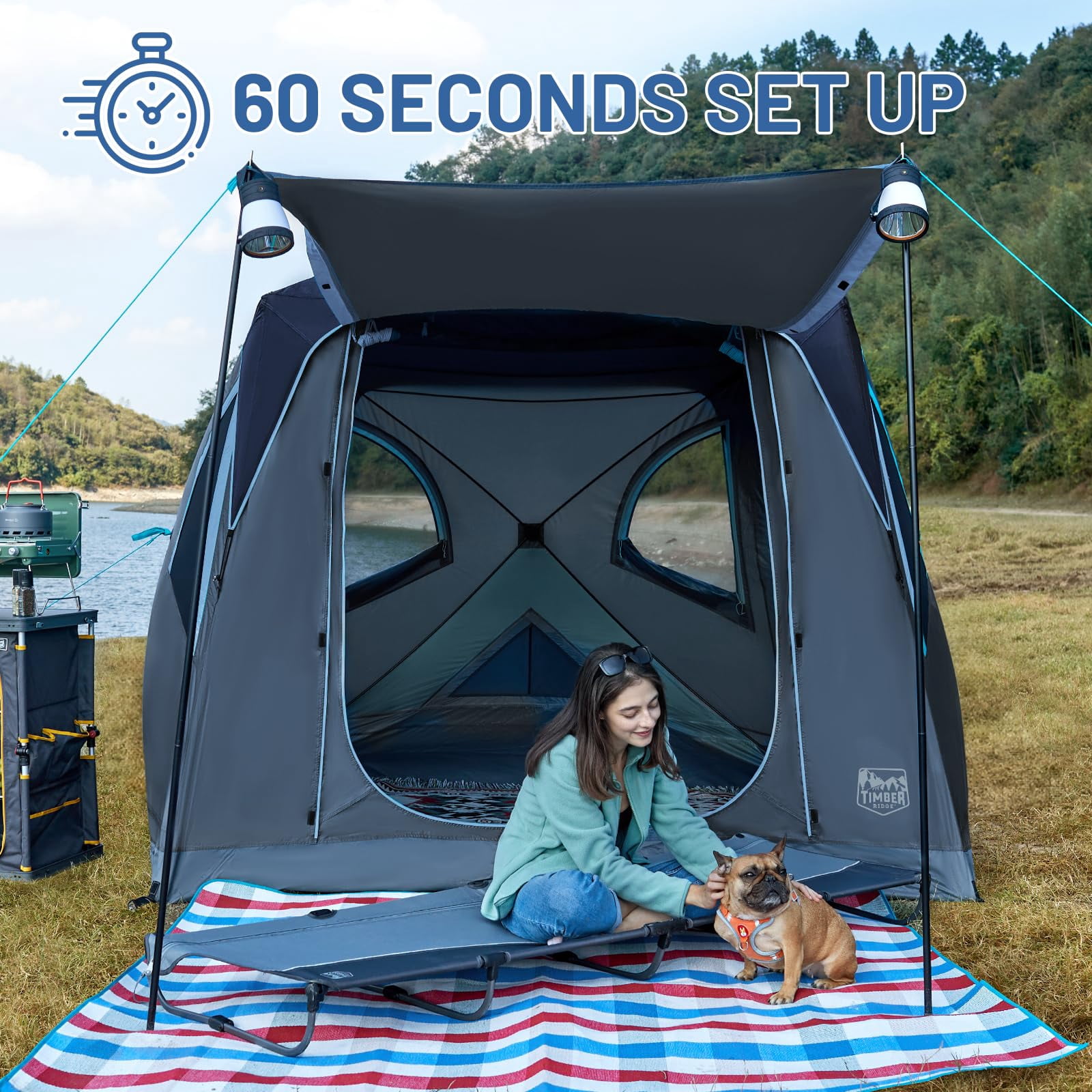 TIMBER RIDGE Camping Tent, 4 Person Instant Pop Up Hub Tent with 8