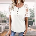 thumbnail image 4 of Women Lace Short Sleeve T Shirt Button Front Pure Color Crew Neck Loose Fitting Summer Top White S, 4 of 6