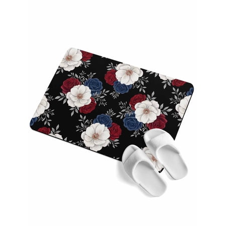 Independence Day Soft Diatomaceous Earth Mat Red Blue White Roses Floral Leaf Black Absorbent Bath Mat Non Slip Rubber Backed Quick Dry Doormat Fit Under Door for Bathroom Kitchen 18 x30