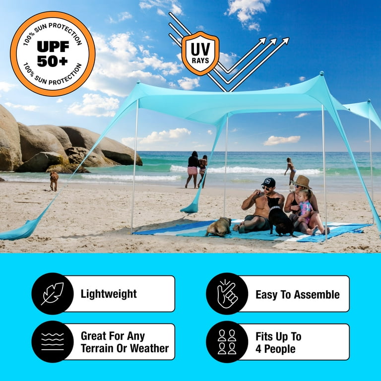 SUN NINJA 8 Person Pop Up Beach Tent Sun Shelter UPF 50+ Protection Shovel  Pegs