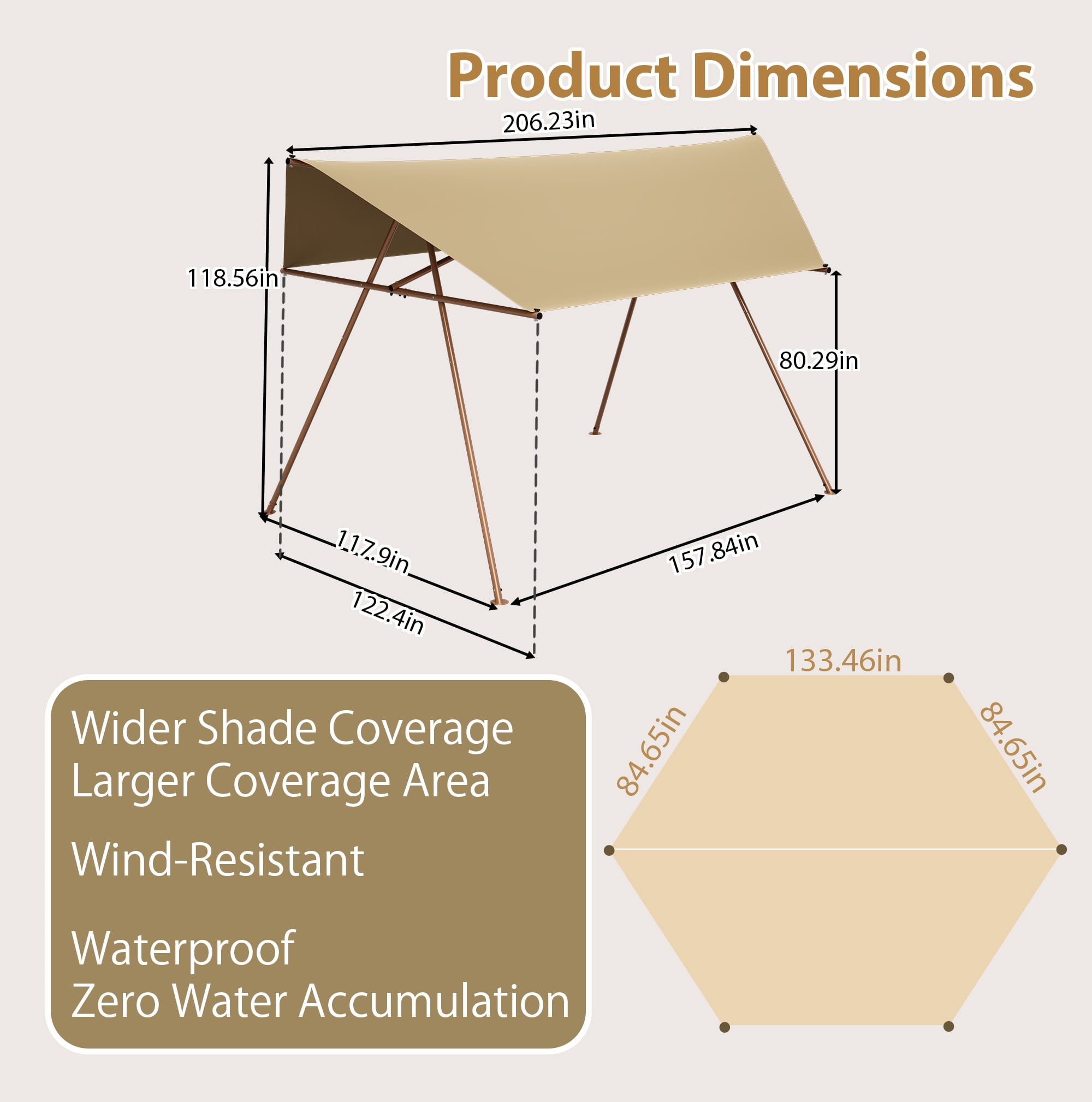 Hexagon Shade Sail, 206x118 Inch UPF50+ UV Block Sun Shade Canopy for Patio Backyard Garden Lawn Outdoor, Brown