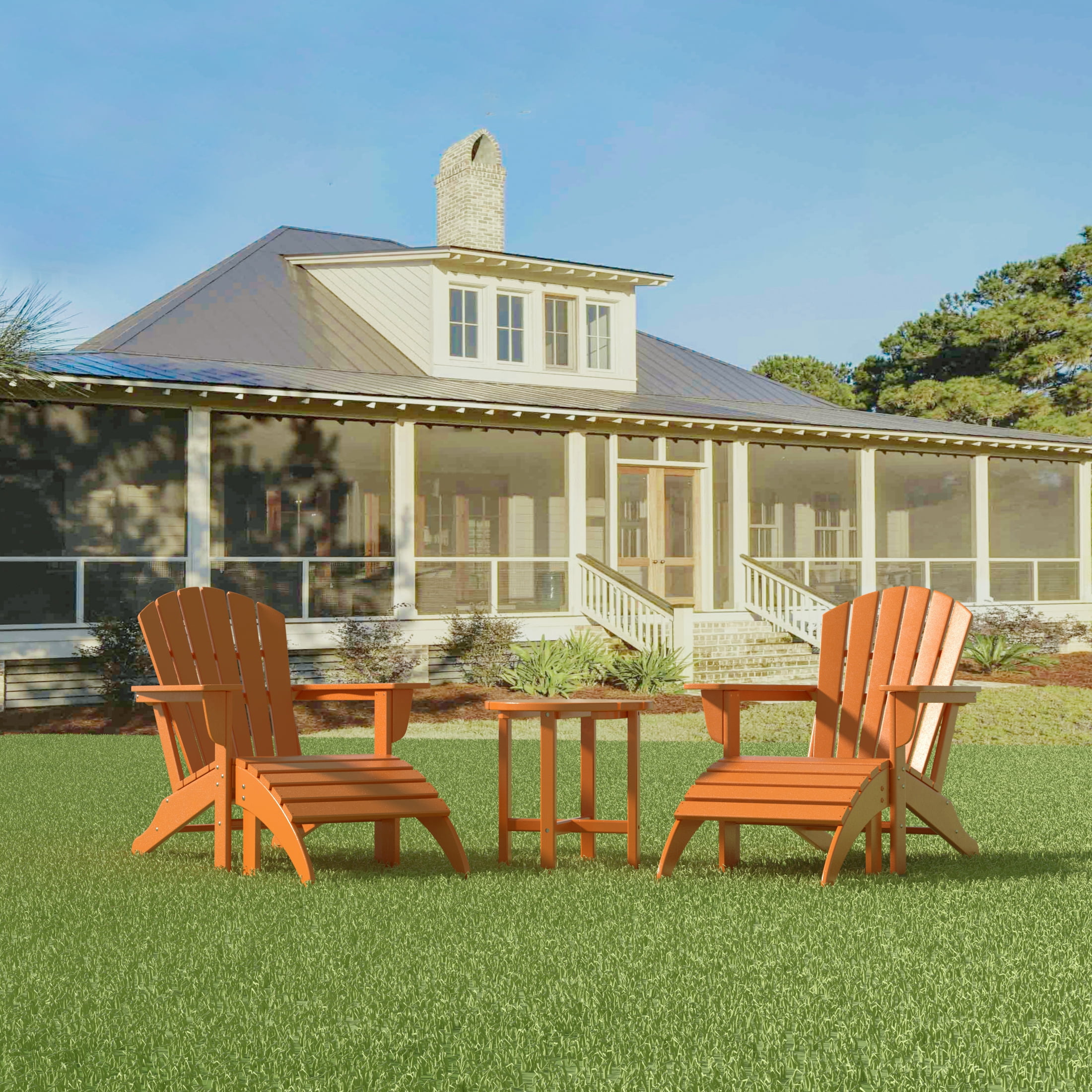 Westin Outdoor 5-Pieces Adirondack Patio Chat Seating Set with Ottoman & Side Table Included, Orange