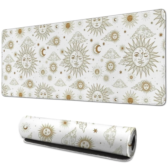 Long Mouse Pads for Desk,White Sun Moon Cloud Star Pattern Desk Mats on Top Of Desks, Desk Mouse Pad Extra Large with 3mm Non-Slip Base and Stitched Edge for Gaming,Office,Work,Home 31.5"x11.8"