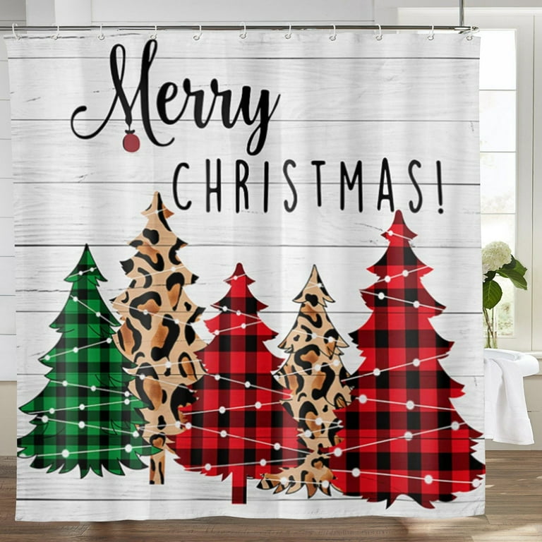 Winter Farmhouse Xmas Shower Curtain Christmas Plaid Pine Trees Snowflake  on Rustic Wooden Board Bathroom Curtain 72