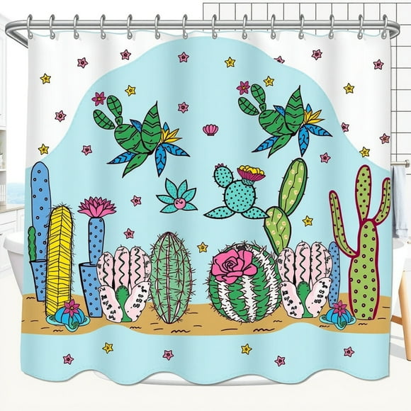 Whimsical Blue Cactus Shower Curtain with Colorful Flowers & Stars