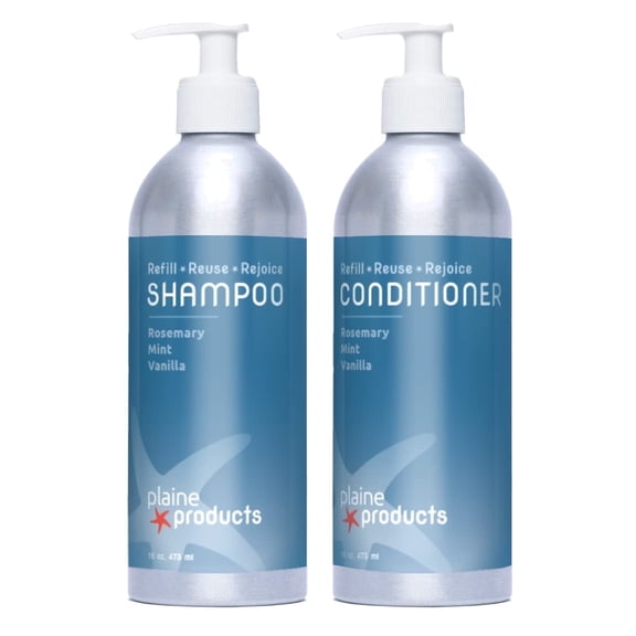 Plaine Products Plastic-Free  Shampoo and Conditioner - Rosemary, Mint, Vanilla - Sulfate Free, 16 oz (Refillable Bottles with Pumps)