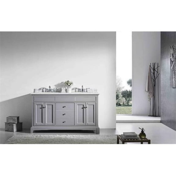 eviva  Elite Stamford 60" Gray Double Sink Bathroom Vanity w/ Double Ogee Edge White Carrara Top